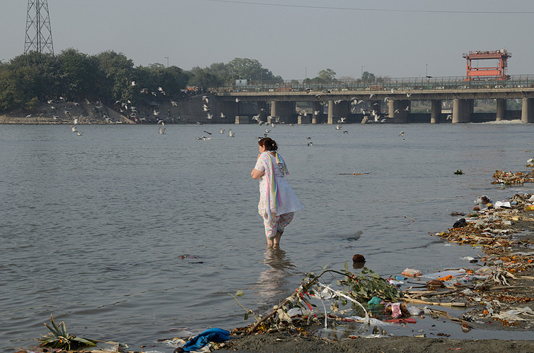 Hindu-Frau betet am Yamuna-Fluss