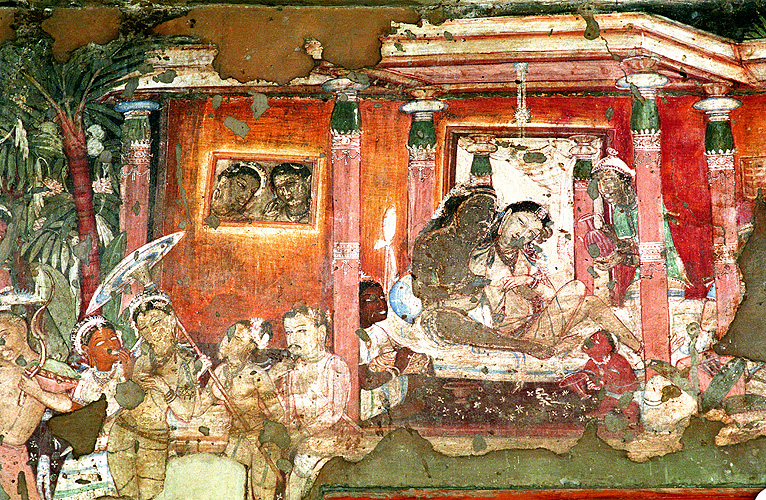 Wandgemlde in einem Hhlentempel in Ajanta
